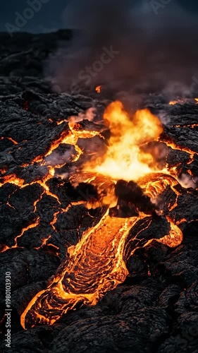 Molten lava volcanic eruption glowing magma cracked earth intense heat natural disaster volcanic landscape flowing lava dramatic scene geothermal energy, molten lava volcanic rock glowing orange