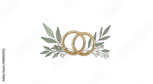 Two polished gold wedding rings lie elegantly intertwined amidst fresh green eucalyptus leaves and delicate white blossoms on a clean white background.