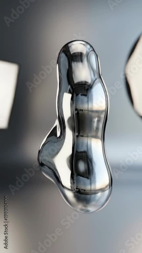 Abstract liquid metallic reflective smooth modern shiny silver fluid shape floating futuristic minimal design art sculpture with glossy surface, creative elegant isolated contemporary surreal organic