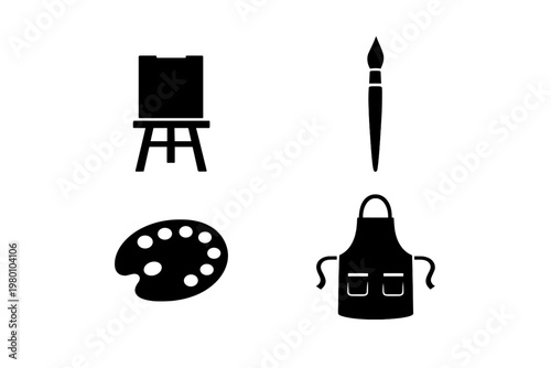 Set of Art Tools and Supplies Silhouettes Featuring Easel with Canvas, Paintbrush, Color Palette, and Artist Apron Icons, Simple Flat Vector Illustration for Creative Design and Hobby Projects