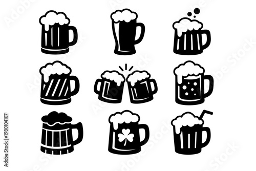 Beer Mug Icon Set in Black and White Silhouette Style, Simple Flat Vector Illustration of Frothy Pint Glasses, Ale Tankards, and Cheers Clinking Mugs for Pub, Bar, and Celebration Graphic Design