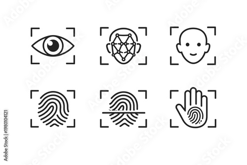 Biometric identification and recognition line icon set featuring eye iris scan, facial recognition mapping, fingerprint scanning, and hand palm print for security authentication and verification