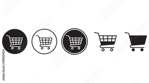Set of five minimalist shopping cart icons in flat design for e commerce and retail applications