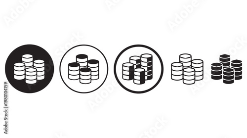 Five progressive stacks of coins growing in size isolated on Transparent Background