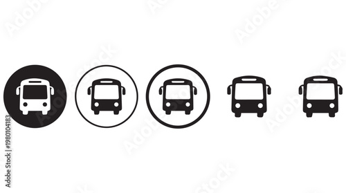 Set of five minimalist public transport bus icons in black and white flat design for urban mobility