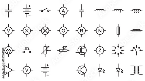 hand drawn electrical circuit symbols and diagrams on Transparent Background for education and engineering