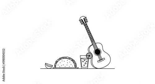 Mexican fiesta line art vector, acoustic guitar with taco and lime drink illustration, minimalist black and white party icons for restaurant menu