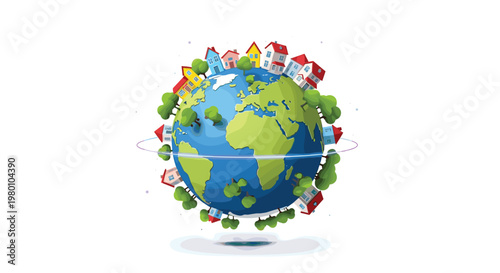 Vibrant 3D rendered globe featuring colorful toy-like houses and green trees encircled by a glowing blue orbital ring set against a plain white backdrop.