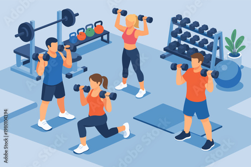 Isometric Gym Fitness Class with People Exercising Using Dumbbells, Barbell, and Kettlebells. Flat Vector Illustration of a Modern Workout Studio with Men and Women Training for Health and Wellness.