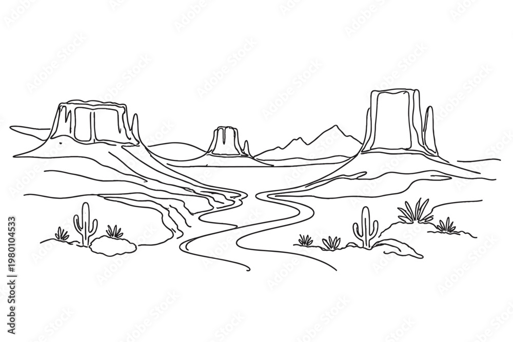 Fototapeta premium Continuous Line Art Drawing of Monument Valley Desert Landscape with Mesas Buttes and Cacti in Arizona Utah Wild West Nature Scene Minimalist Vector Illustration for Travel and Adventure Design