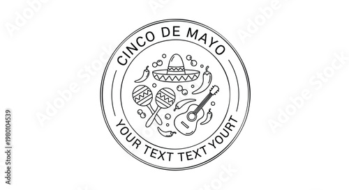 Cinco de Mayo circular line art emblem, Mexican holiday celebration badge with sombrero and guitar, minimalist festive party stamp vector