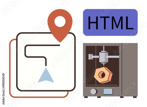 3D printing, coding, location tracking, design engineering, manufacturing, programming. A location icon, 3D printer and HTML tag are . 3D printing and coding process concepts