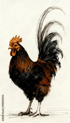Vector illustration of a full-length sketch of a rooster, roughly drawn in pencil in a careless style, partially colored with spots of paint.