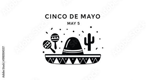 Cinco de Mayo celebration vector, minimalist black and white Mexican holiday icon set, sombrero with maracas and cactus illustration for May 5