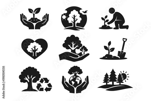 National Arbor Day Environmental Awareness Tree Vector Icon Set featuring Reforestation, Sustainability, Nature Conservation, Planting, Ecology, Green Planet, and Earth Day Creative Concepts.