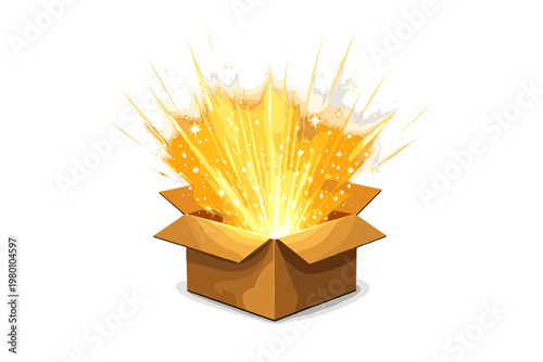 Open Cardboard Box with Golden Luminous Rays and Magic Light Bursting Out, Glowing Carton Case with Sparkles and Stars Isolated on White Background, Concept of Surprise, Gift, and Creative Discovery