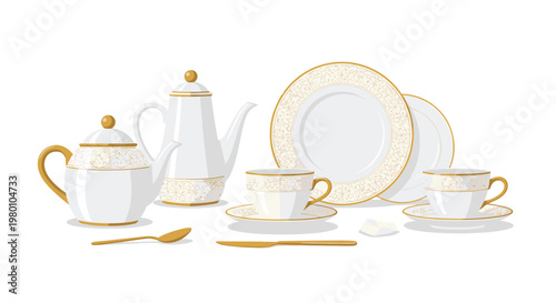 Elegant white tea set with intricate gold floral trim including a teapot coffee pot cups saucers and gold cutlery arranged on a pristine white background.
