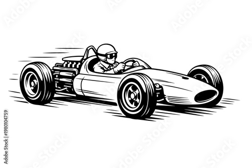 Vintage Retro Racing Car Illustration with Driver in Helmet and Goggles, Classic Open Wheel Formula Vehicle Line Art Sketch, Speed and Competition Concept, Black and White Vector Graphic Design.