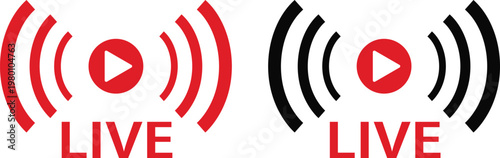 Live streaming icon set featuring red and black signal wave symbols with play buttons for online broadcasting. Digital transmission indicators represent real time video content.