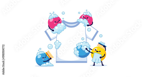 Animated colorful soap bubbles with faces scrubbing a white t-shirt with brushes and cloths on a clean and bright white background for laundry concept.