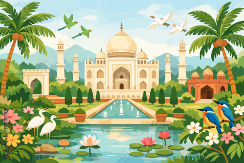 Watercolor Illustration of a Tropical Mughal Garden with Taj Mahal, Palm Trees, Exotic Birds, Lotus Flowers, and a Reflecting Pool Fountain. Beautiful Indian Architecture Landscape Wallpaper Art.