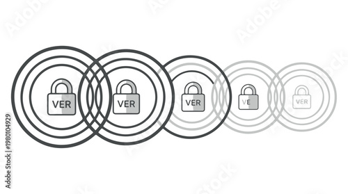 Series of five interlocking padlock icons symbolizing multi layer security verification process