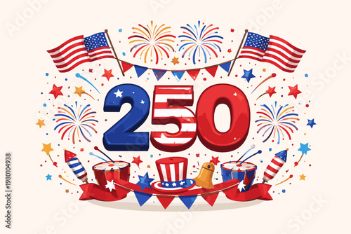 Patriotic USA 250th Anniversary Celebration Vector Illustration Featuring American Flags, Fireworks, Drums, and Uncle Sam Hat for Semiquincentennial Independence Day Commemoration Design.