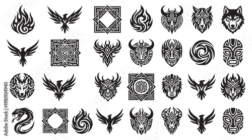 Collection of tribal and mythological animal symbols in black and white vector illustration set