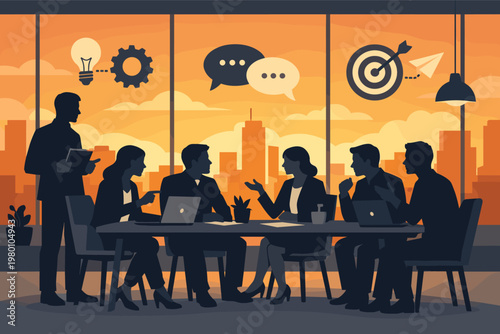 Vector illustration of a professional business team silhouette working together in a modern office meeting room with city skyline view at sunset. Collaboration, brainstorming, and teamwork.