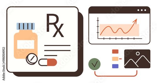 Healthcare analysis, pharmaceutical insights, data visualization, prescription tracking, medication management, business reports. Medicine bottle, pills charts and icons. Healthcare