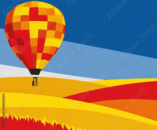 Hot Air Balloon Soaring Over Vibrant Fields