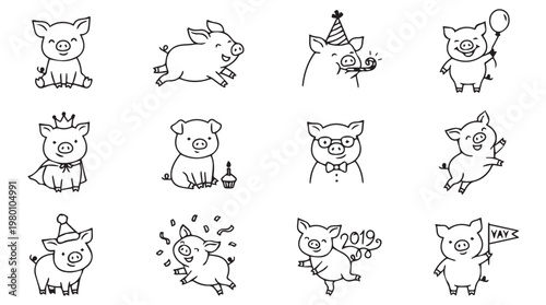 Collection of hand drawn cartoon pigs in various poses and festive outfits on Transparent Background