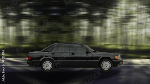 Side view of a Black Car driving on highway at high speed with a forest in the background. Black Car moving forward on background with motion blur effect. 4K Infinite Seamless loop animation.