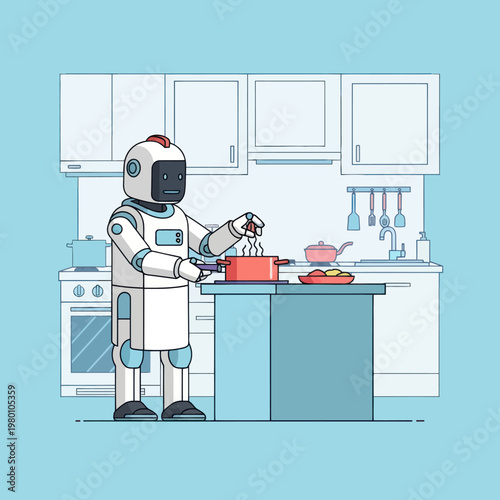Robot chef cooking food in a modern kitchen.