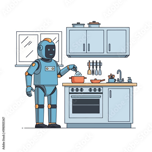 Robot cooking food in a modern kitchen setting.