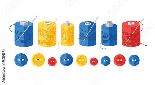 Colorful sewing thread spools with needles and matching buttons are arranged in a neat row on a clean white background under bright studio lighting now.