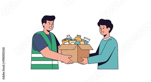 A male volunteer wearing a bright green reflective vest hands a cardboard box containing essential food supplies to a smiling person in a blue sweater.