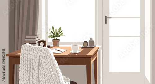 A desk setup with a green plant, a steaming cup, and a notebook is placed next to a bright door with a soft white curtain in a peaceful home office.