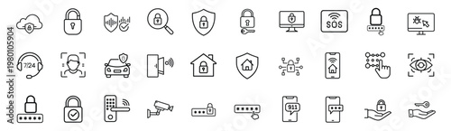 Security and cyber protection web line icons set featuring face ID recognition eye scan CCTV camera smart door lock car safety cloud storage and more Vector Illustration with editable stroke