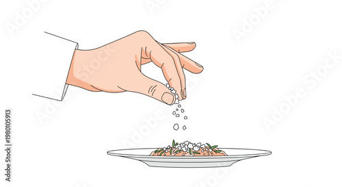 Human hand delicately sprinkles coarse white salt grains over a gourmet plate featuring fresh green herbs and savory red sauce in a bright kitchen area.