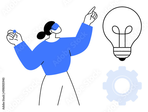 Innovation concept. Person pointing towards lightbulb creativity and problem-solving. Innovation with a cogwheel and abstract elements. For design, teamwork, strategy, education, and brainstorming