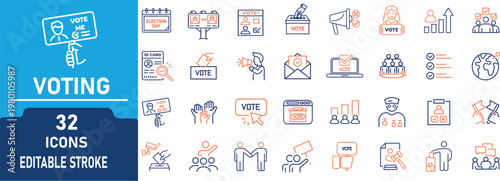 Voting and Election Line Icons Set . Contain to related icons Ballot, Democracy, Political Campaign, Referendum and Polling Editable Stroke Vector Collection.