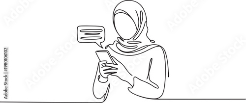 muslim young female wearing a hijab, holding a mobile phone with message popup symbolizing modern technology use and attention to detail. one line art icon drawing vector