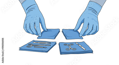 Two gloved hands carefully arrange blue sterile surgical drapes beside a tray containing polished metal medical instruments on a pristine white background.