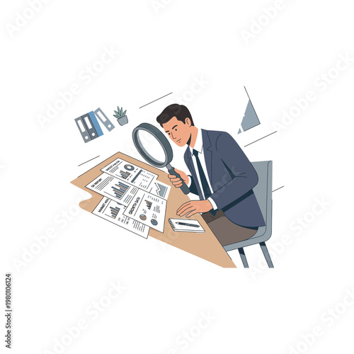 Businessman analyzing financial papers closely.