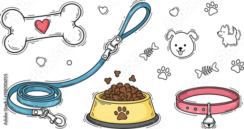 Dog supplies doodle leash bone bowl collar and paw prints illustration