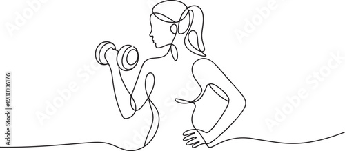 Tableau sur toile Minimalist continuous line drawing of a woman exercising with a dumbbell, showcasing fitness, strength, and movement
