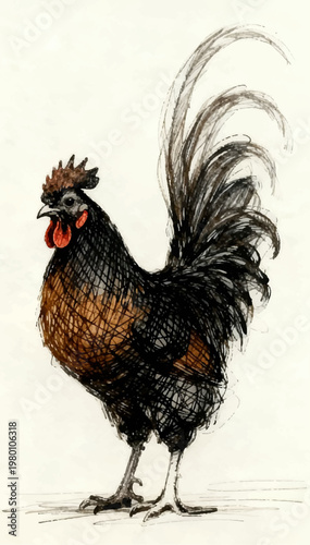 Vector illustration of a full-length sketch of a rooster, roughly drawn in pencil in a careless style, partially colored with spots of paint.