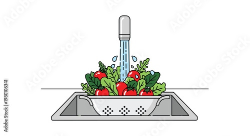 Kitchen faucet sprays clean water over a metal colander filled with fresh green lettuce and ripe red tomatoes in a modern sink for thorough preparation.