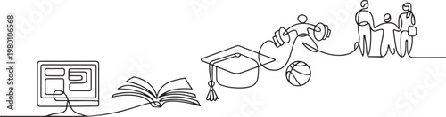 Continuous line drawing of online knowledge, learning, education, teaching, physical education, student life. one line art icon drawing vector